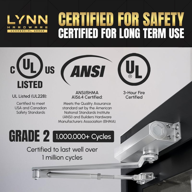 LYNN HARDWARE Medium Duty Automatic Door Closer (Matte Black) - Highly Durable Cast Aluminum, Commercial or Home Use, Adjustable Speed Controls, 3 Mounting Options, 3 Hour Fire Rated (DC6003 Model) - Image 5
